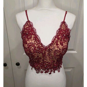 Madison James Red & Cream Rhinestone Lace Top w/ lace up corset in back Size 10